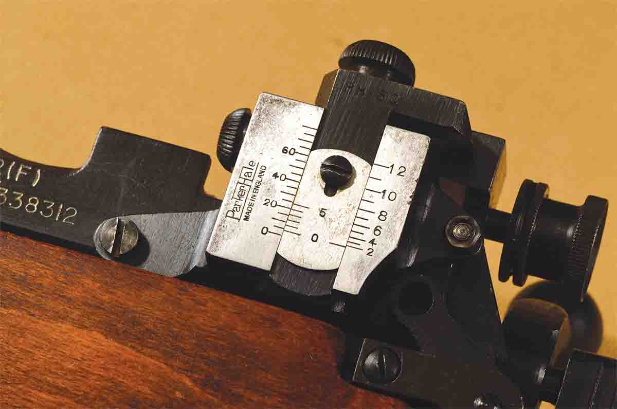 This Parker-Hale 5C target sight is on a Lee-Enfield No. 4, Mk II. Parker-Hale was the dominant name in British Empire long-range shooting for the better part of a century.